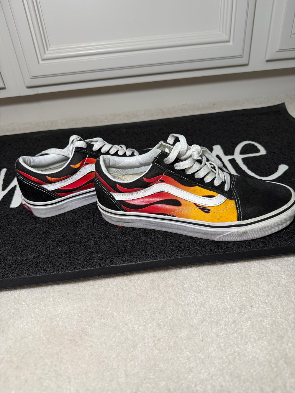 Vans Black Low-Top Sneakers with Red & Yellow Flame Graphic
